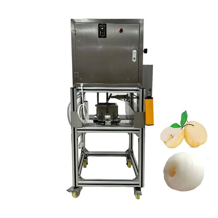 Máquina para descascar e remover núcleos de pêra e pêssego